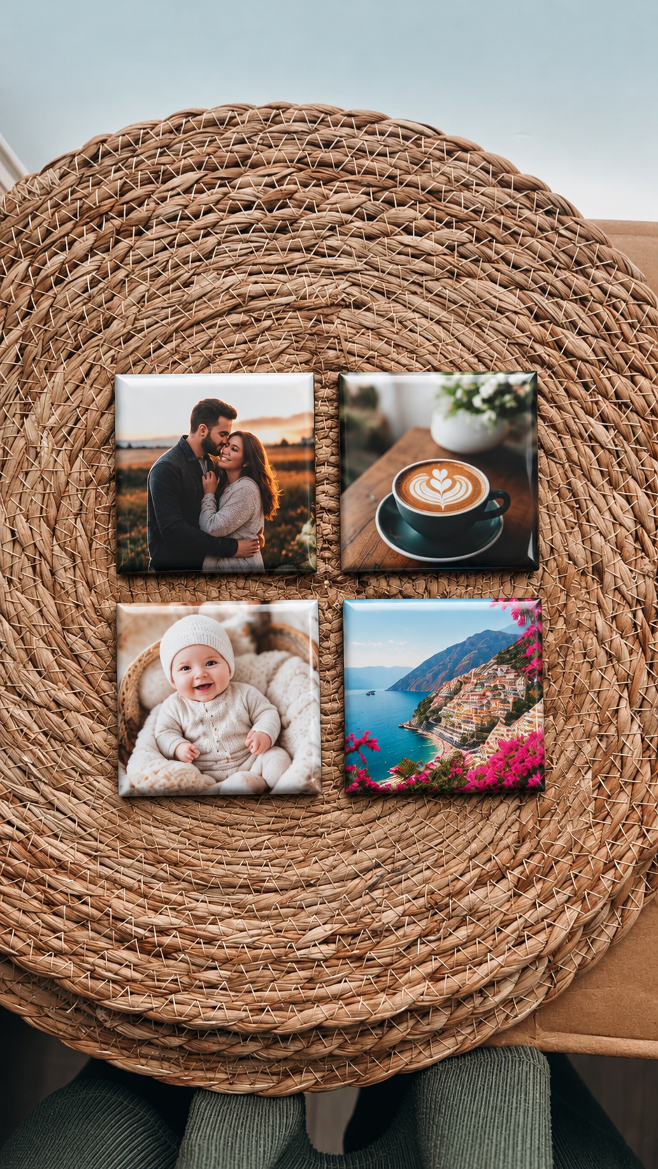 Four square custom photo magnets arranged in a 2x2 grid